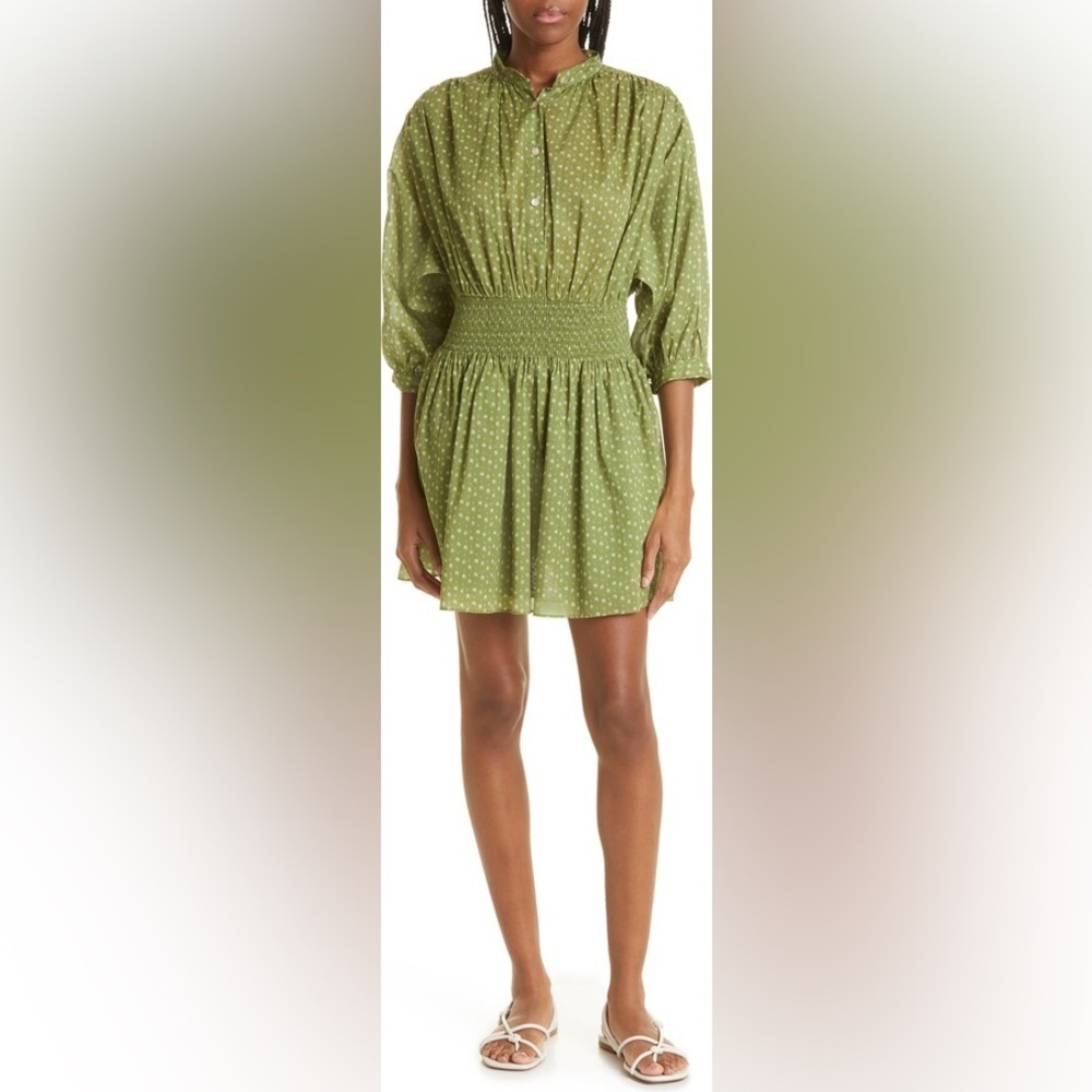 NWT Rebecca Taylor Ikat Print‎ Smocked Cotton Shirtdress Green